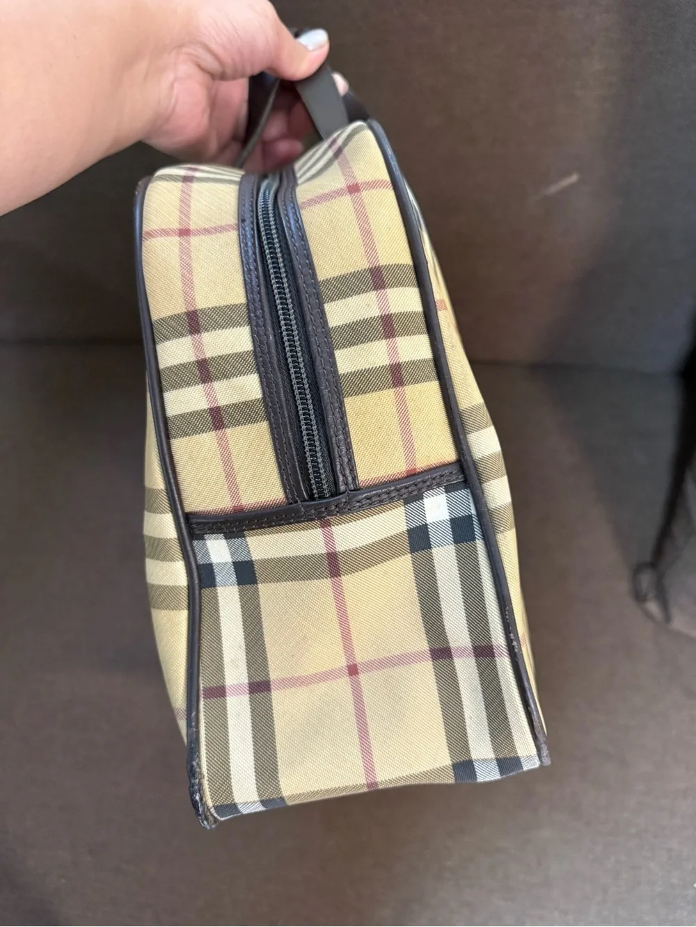 Burberry Beige Plaid Travel Bag with Dark Brown Handles